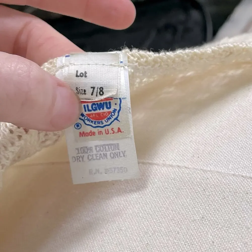 Vintage 70s Crochet Top Cream & Tan Metallic Rope Belt Pull On Midi Dress 6 - Picture 7 of 12